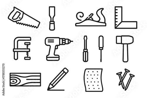 Craft Workshop Tools. Craft Workshop linear icon set: saw, chisel, plane, ruler, clamp, drill, screwdriver, mallet, wood plank, pencil, sandpaper, nails.