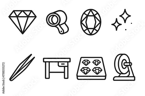 Gemstone Crafting Essentials. Gemstone Crafting linear icon set: diamond cut, jeweler’s loupe, gemstone, polishing wheel, tweezers, sparkle icon, workbench, gem tray.