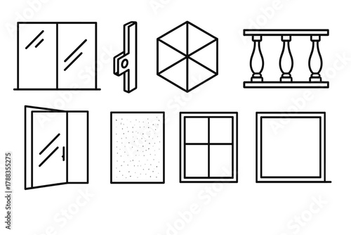 Architectural Glass Elements. Architectural Glass Designs linear icon set: glass partition, steel joint, transparent cube, balcony railing, pivot door, frosted panel, window grid,