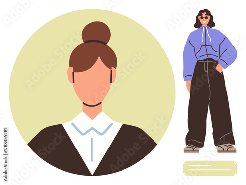 Female avatar with bun hairstyle wearing professional attire alongside a casually dressed figure in oversized hoodie and pants. Ideal for style comparison, fashion trends, individuality, diversity