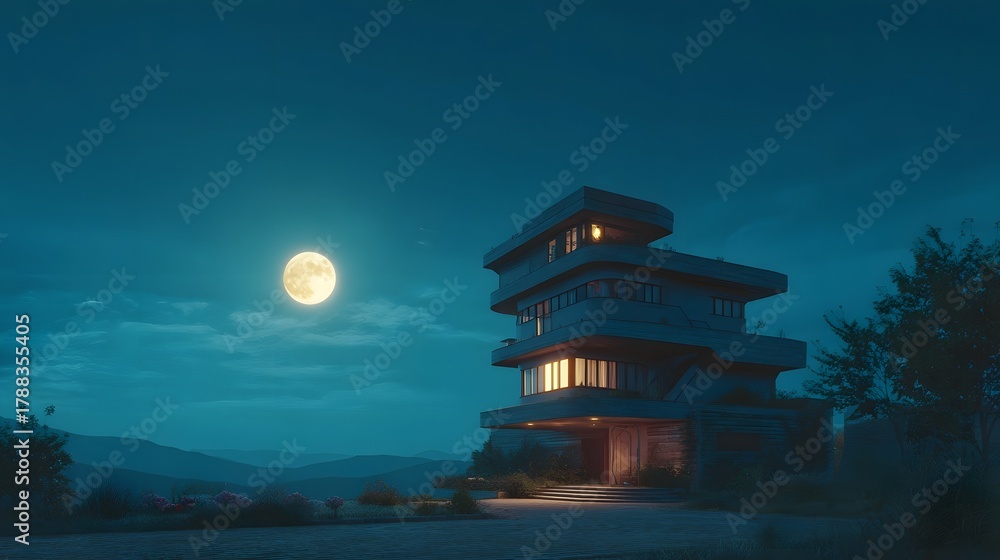 Obraz premium A modern geometric house glows under a bright full moon on a serene mountainous night landscape