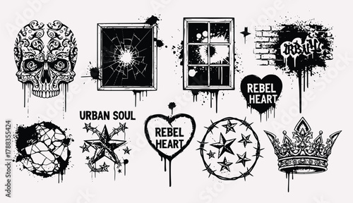 Urban Graffiti Symbol Pack – Rebel Hearts, Skulls, Bullet Holes & Street Art Icons in Black and White