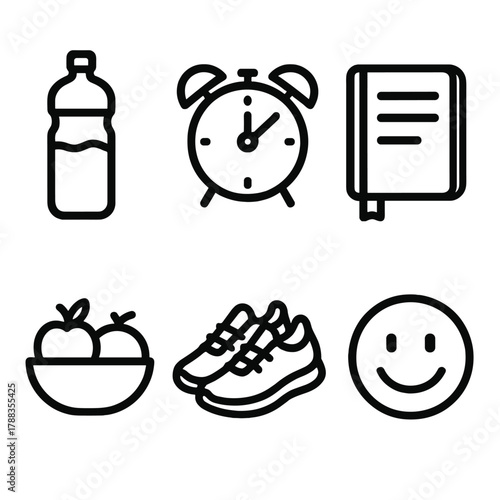 Daily Routine Icons. Daily Habits linear icon set: water bottle, alarm clock, planner, fruit bowl, sneakers, smile icon.