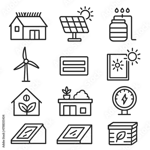 Eco-Friendly House Design. Sustainable architecture linear icon set: green roof, solar panel, rainwater tank, wind turbine, ventilation vent, thermal window, energy meter,