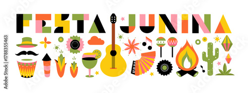 Festa junina poster with geometric pattern. Summer brazilian carnival banner with icons of music, lanterns, flowers, hats and flags. Geometric banner of june festival in Brazil, vector illustration