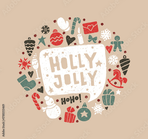 Christmas background with crayon winter icons and speech bubble with Holly Jolly text. Holiday banner with Xmas tree balls, snowman, candy cane, candle and bow with chalk texture, vector illustration