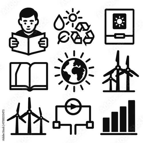 Clean Energy Icons. Clean Energy Education silhouette icon set: student reading, renewable symbols, earth with rays, solar inverter, wind field, open book, energy circuit, bar