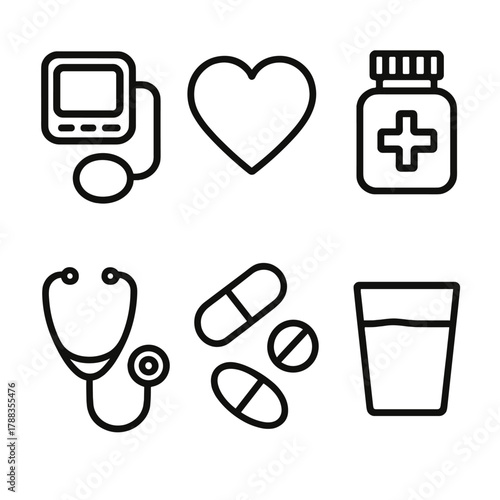 Health & Wellness Icons. Health & Wellness linear icon set: blood pressure monitor, heart icon, medicine bottle, stethoscope, vitamins, water glass.