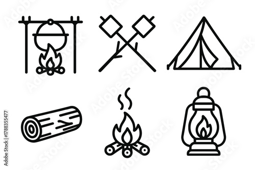 Campfire Cooking Icons. Campfire Cooking linear icon set: pot over fire, marshmallows, tent, log, smoke, lantern.