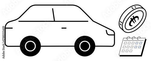 Vehicle, coin, and calendar highlight financial planning, car expenses, budgeting, payment scheduling, leasing, time organization, and automotive economy in a simple flat metaphor
