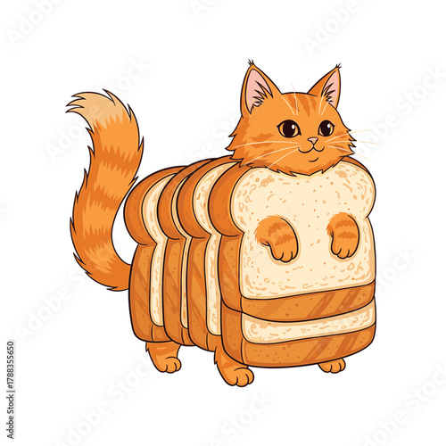 Orange cat with body made of sliced bread on white background loaf