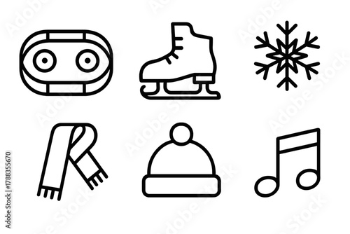 Ice Skating Icons. Ice Skating linear icon set: ice rink, skates, snowflake, scarf, hat, music note.