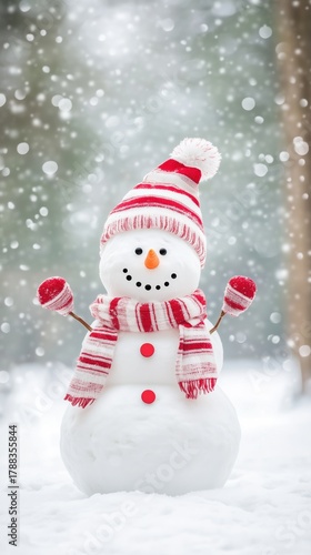 Cheerful Snowman With a Red and White Hat in a Snowy Forest During Winter