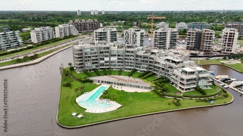 Beautiful Aerial Shot of Luxury Apartment Buildings and Marina, In Nordelta Bay, Buenos Aires, Argentina - Miami style.