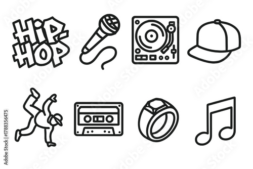 Hip-Hop Icons. Hip-Hop Culture linear icon set: graffiti letters, mic with cord, DJ turntable, snapback cap, street dancer, cassette tape, gold ring, music note.