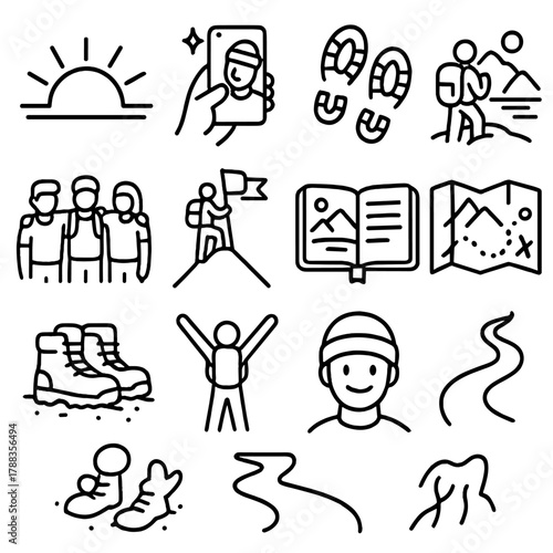Adventure Icons Collection. Adventure moments linear icon set: sunrise, selfie, footprints, panorama, friends, summit photo, journal, map spread, boots in dirt, victory pose, smile