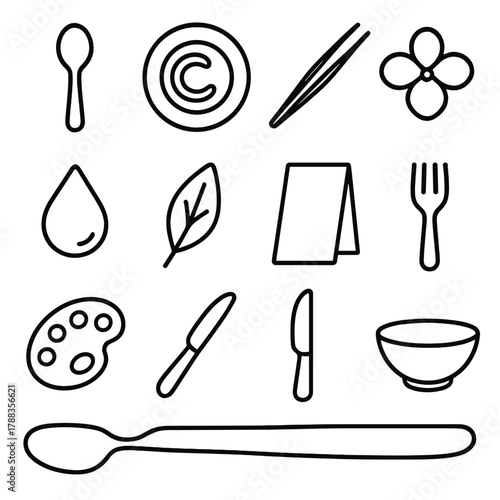 Artistic Culinary Icons. Creative plating linear icon set: spoon, plate, sauce swirl, tweezers, edible flower, foam drop, herb leaf, napkin, fork, palette, knife, bowl.