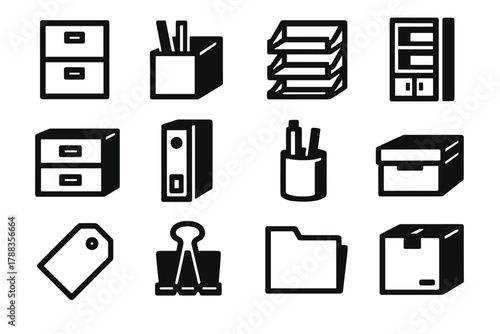 Brutalist Office Icons. Office storage silhouette icon set: filing cabinet, desk organizer, paper tray, shelf unit, drawer box, binder, pen holder, cable box, label tag, binder