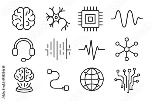 Neural Connectivity Icons. Neural Connectivity linear icon set: brain, neuron, AI chip, wave, headset, data stream, circuit line, pulse, network node, hologram, wire, sphere.