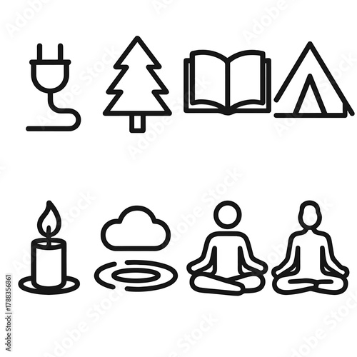 Digital Detox Icons. Digital Detox linear icon set: unplugged cable, tree, open book, tent, candle, cloud, water ripple, meditation pose.