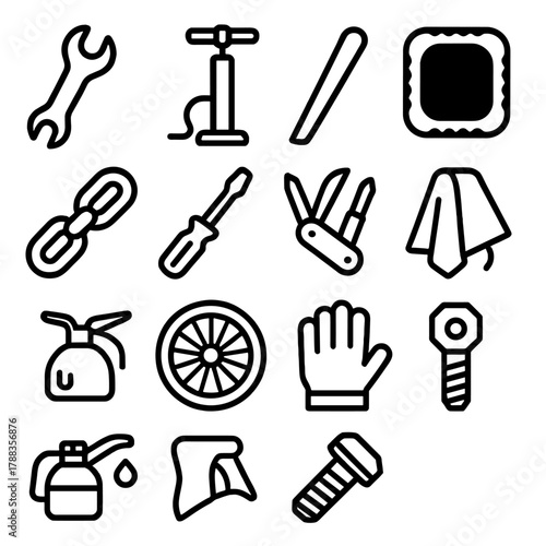 Repair Icons Collection. Repair Essentials linear icon set: wrench, pump, tire lever, patch, chain link, screwdriver, multitool, rag, oil can, wheel, glove, bolt.