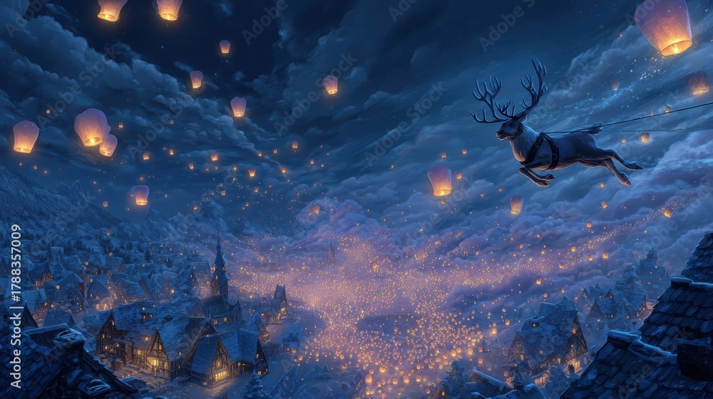 Naklejka premium Glowing paper lanterns drift above snowy forest at twilight with sparkly particles and dreamy haze, blue purple palette and soft depth, concept of magical holiday fantasy mood