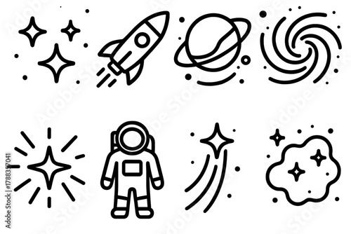 Interstellar Icon Journey. Interstellar Travel linear icon set: starfield, spacecraft, orbiting planet, galaxy core, cosmic rays, astronaut, starlight path, nebula cloud.
