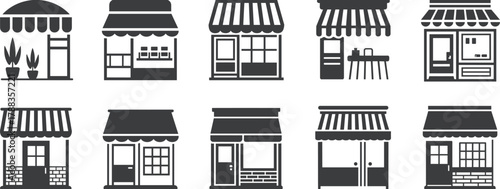Set of black and white line icons featuring ten stylized storefronts with varied architecture, awnings, and display elements for design