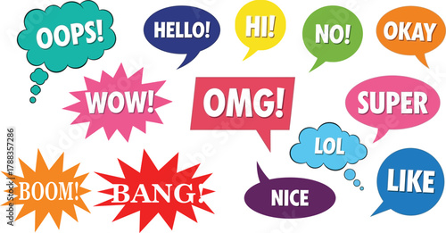 Speech bubbles with expressions like oops hello hi no okay wow omg super lol nice like and boom bang on transparent background