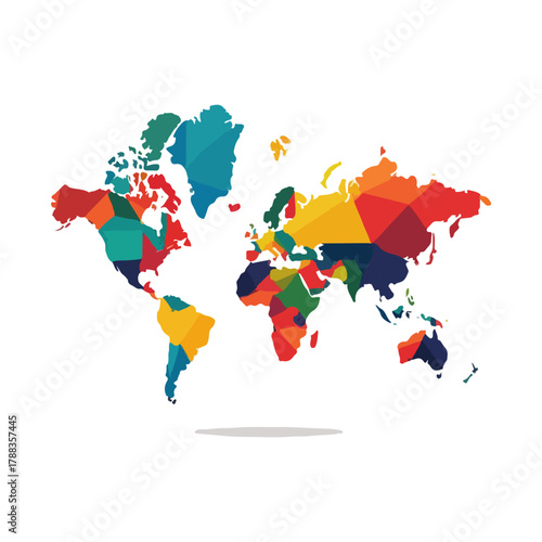 Colorful Geometric World Map on White Background, Minimalist Design