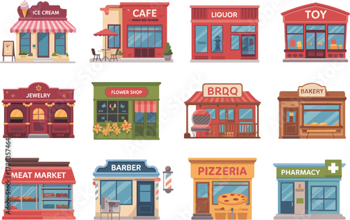Set of colorful cartoon storefront illustrations featuring bakery, pharmacy, toy store, café, BBQ, pizzeria, flower shop, and more