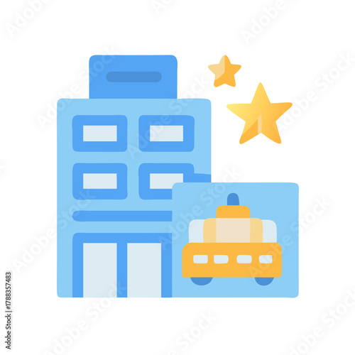 Stylized office building with taxi depot and stars icon