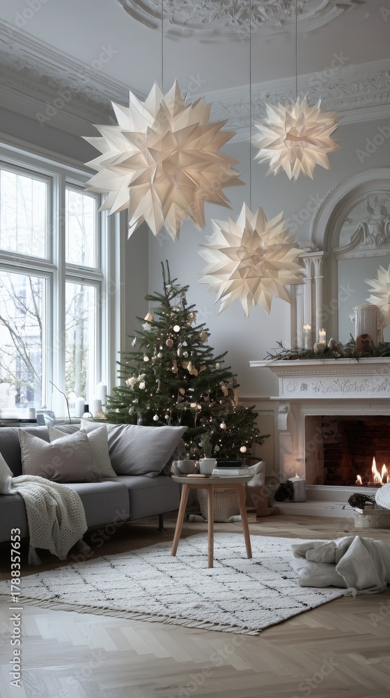 Fototapeta premium Cozy Holiday Living Room With a Beautifully Decorated Christmas Tree and Warm Fireplace Glow