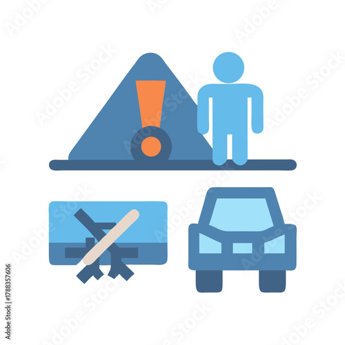 Warning sign near road construction and damaged vehicle icon