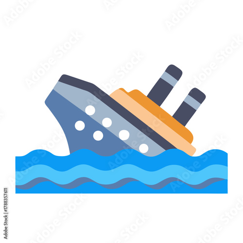 Sinking Ship Vector Illustration with Wavy Sea on Black