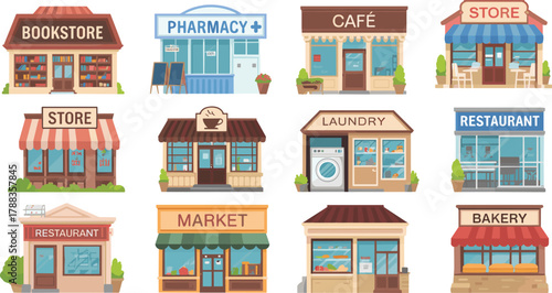 Set of colorful cartoon storefront illustrations featuring bookstore, café, pharmacy, bakery, market, restaurant, laundry, and general stores