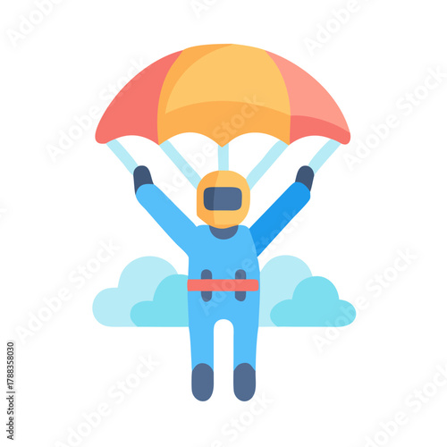 Flat illustration of skydiver with parachute on a black background