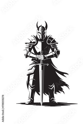 knight standing with sword pointed down front view vector illustration