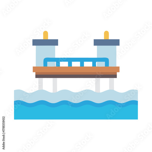 Flat design pier over water, simple graphic illustration