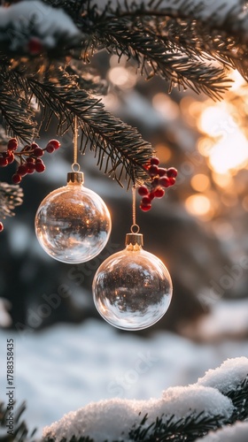 Sparkling Glass Ornaments Hang on a Snowy Christmas Tree at Dusk With Warm Li...