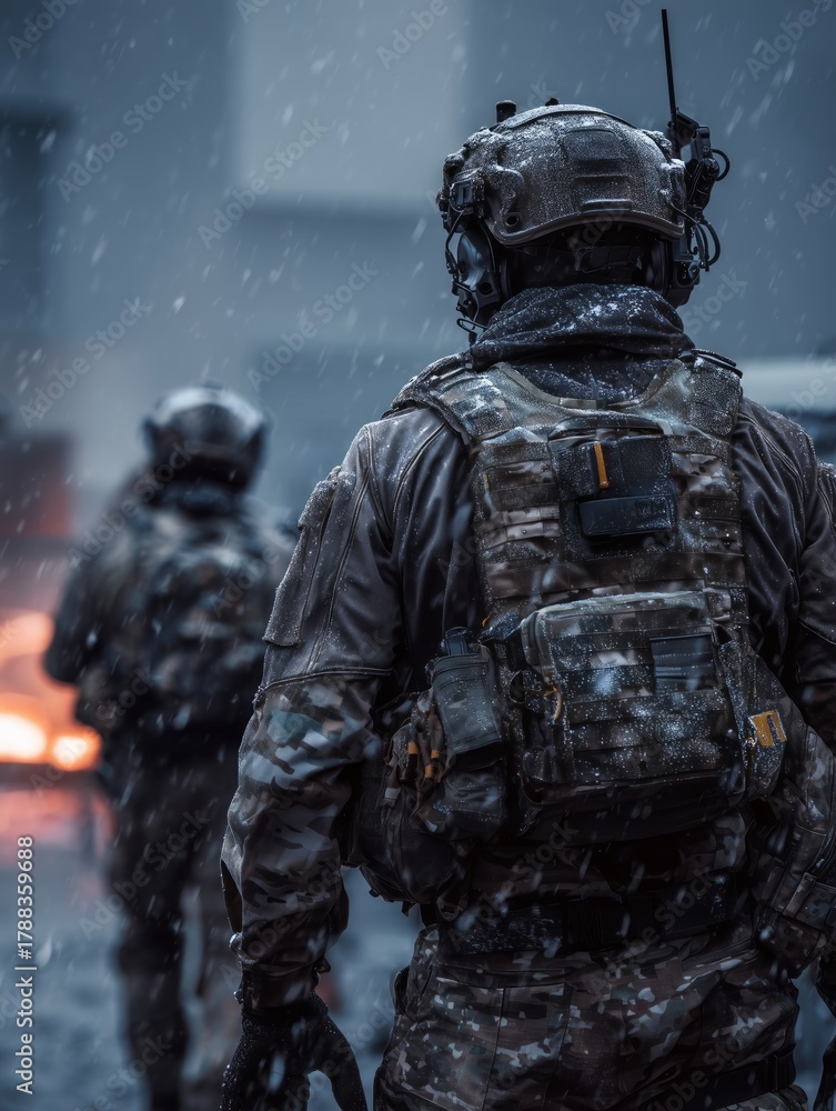 Obraz premium Soldiers in full gear advance through a snowy, fiery battlefield under heavy rain. The scene conveys urgency, resilience, and combat intensity.