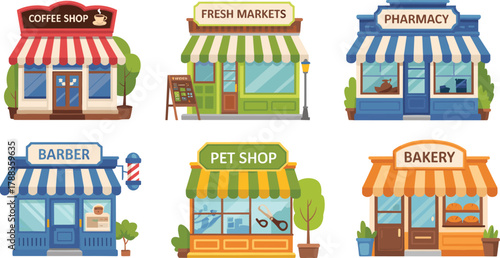 Set of colorful illustrated storefronts featuring coffee shop, fresh market, pharmacy, barber, pet shop, and bakery for retail design
