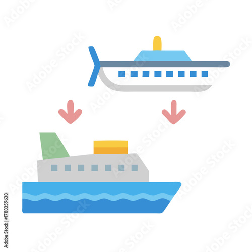 Two ships with arrows pointing downwards on black background