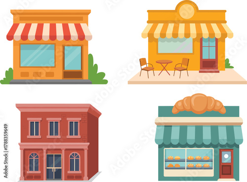 Set of colorful illustrated storefronts featuring coffee shop, café, bakery, and traditional building for retail, design, and urban themes