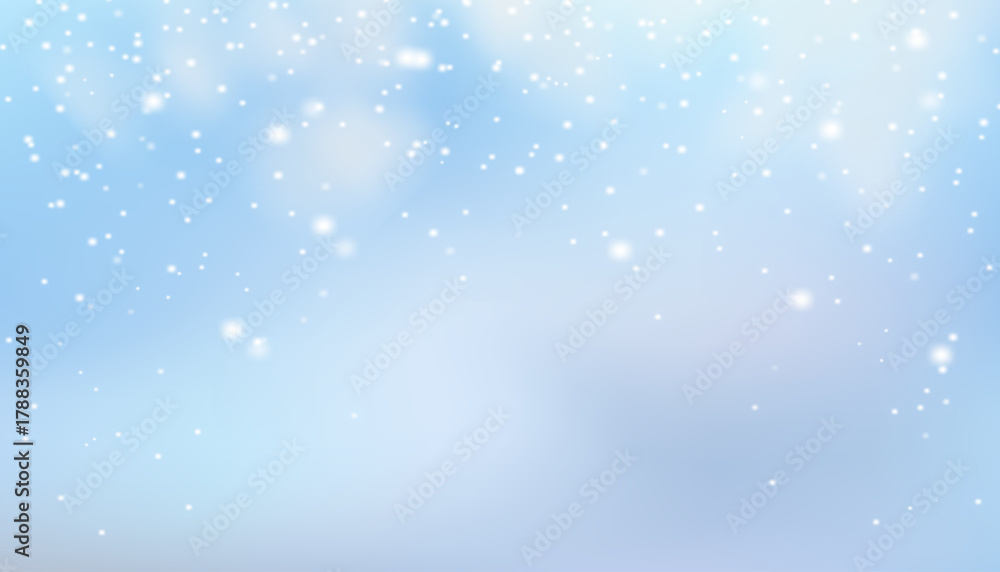 Fototapeta premium Christmas winter vector background with falling fluffy snowflakes on blue sky. Soft light effects for festive wallpaper, greeting cards, posters, banners and seasonal design templates 