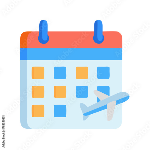 Blue and red calendar with airplane booking graphic flat