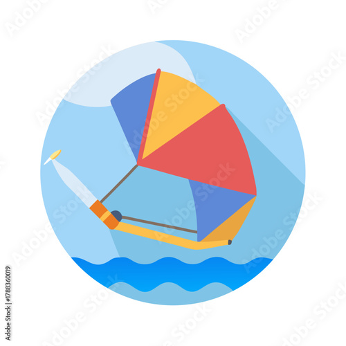 Flat design windsuring illustration on water in round frame