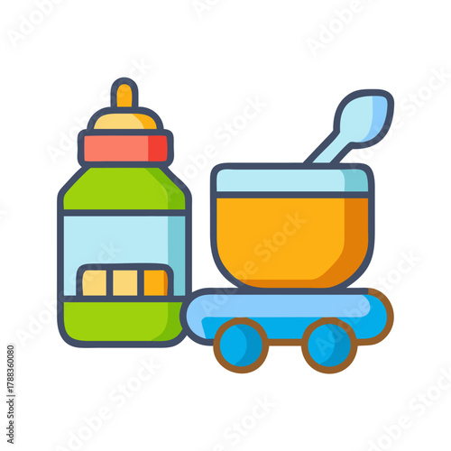 Colorful flat illustration of baby food bottle and bowl
