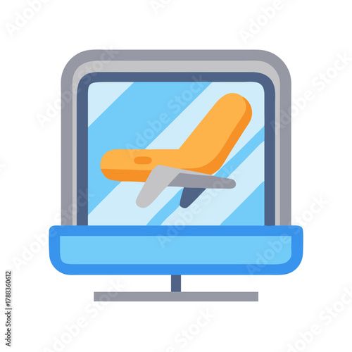 Airplane on a monitor screen flat vector illustration