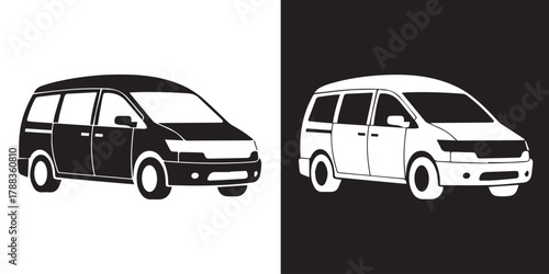 minivan black and white inverted vector silhouette two views side